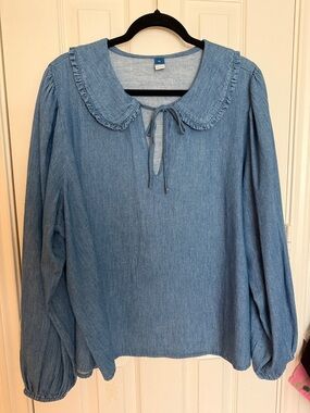 Old Navy Light Denim Tie-Neck Ruffle Collar Blouse